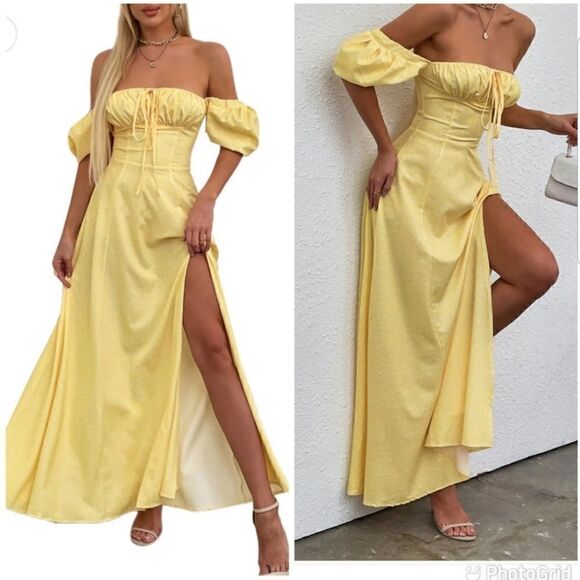 Summer Puff Sleeve Floral Split Maxi Dress Flowy A Line Casual Beach Long Dress - Picture 1 of 9